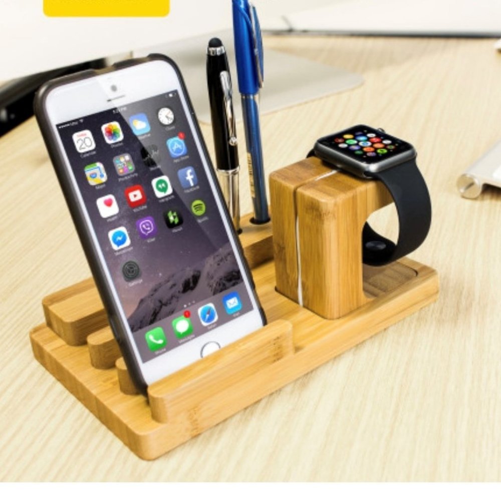Wooden desk charging stand station for phones, watches & tablets.